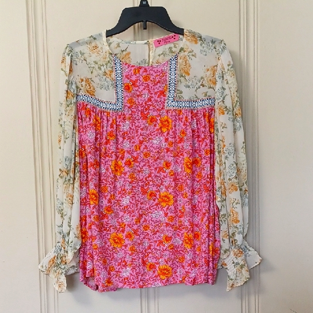 Almost Pink-Duel Floral Prints. Long Puff Sleeve, Colorful Peasant Top WL